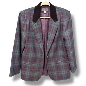 Vintage Wool Blend Sag Harbor Purple and Green Plaid Blazer. Size 10